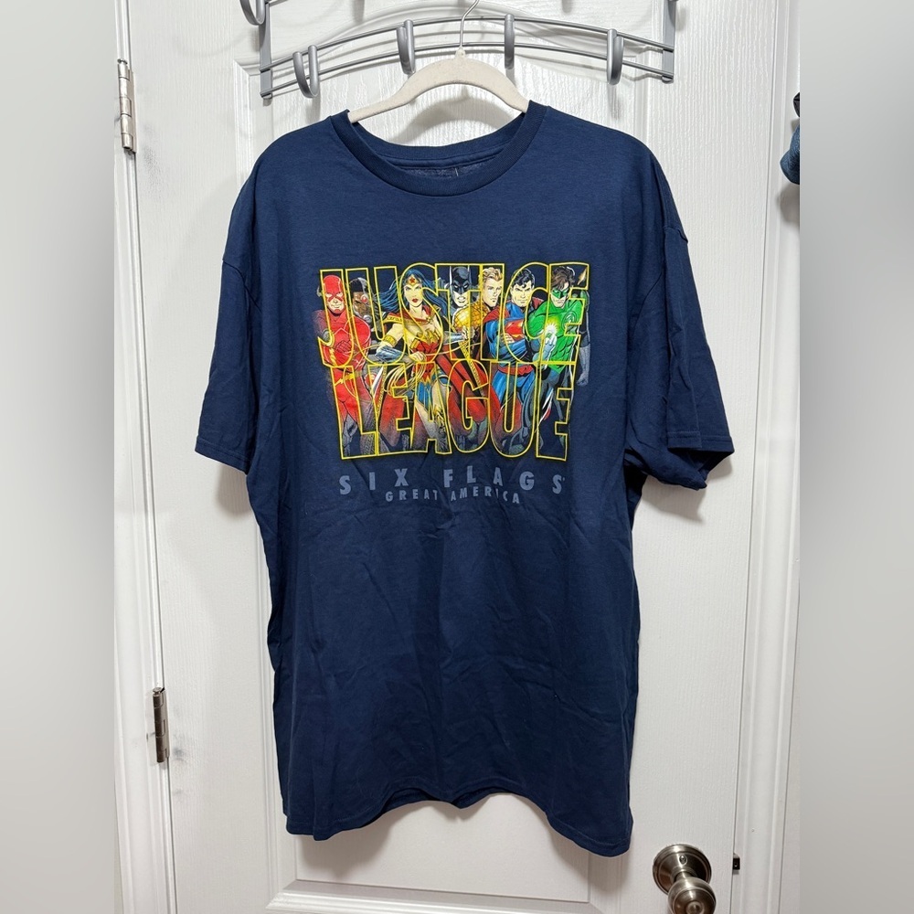 Six Flags Justice League T-Shirt Mens XL Navy‎ Blue DC Superheroes Graphic Tee